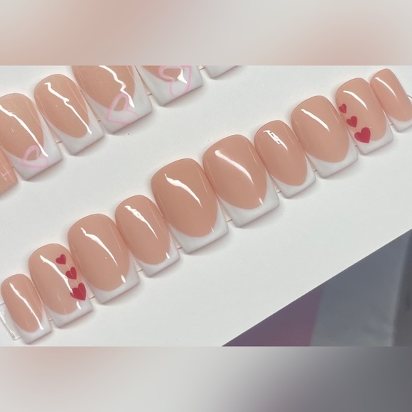 Short square nude Press on nails white French tips red hearts valentines custom - Picture 1 of 1